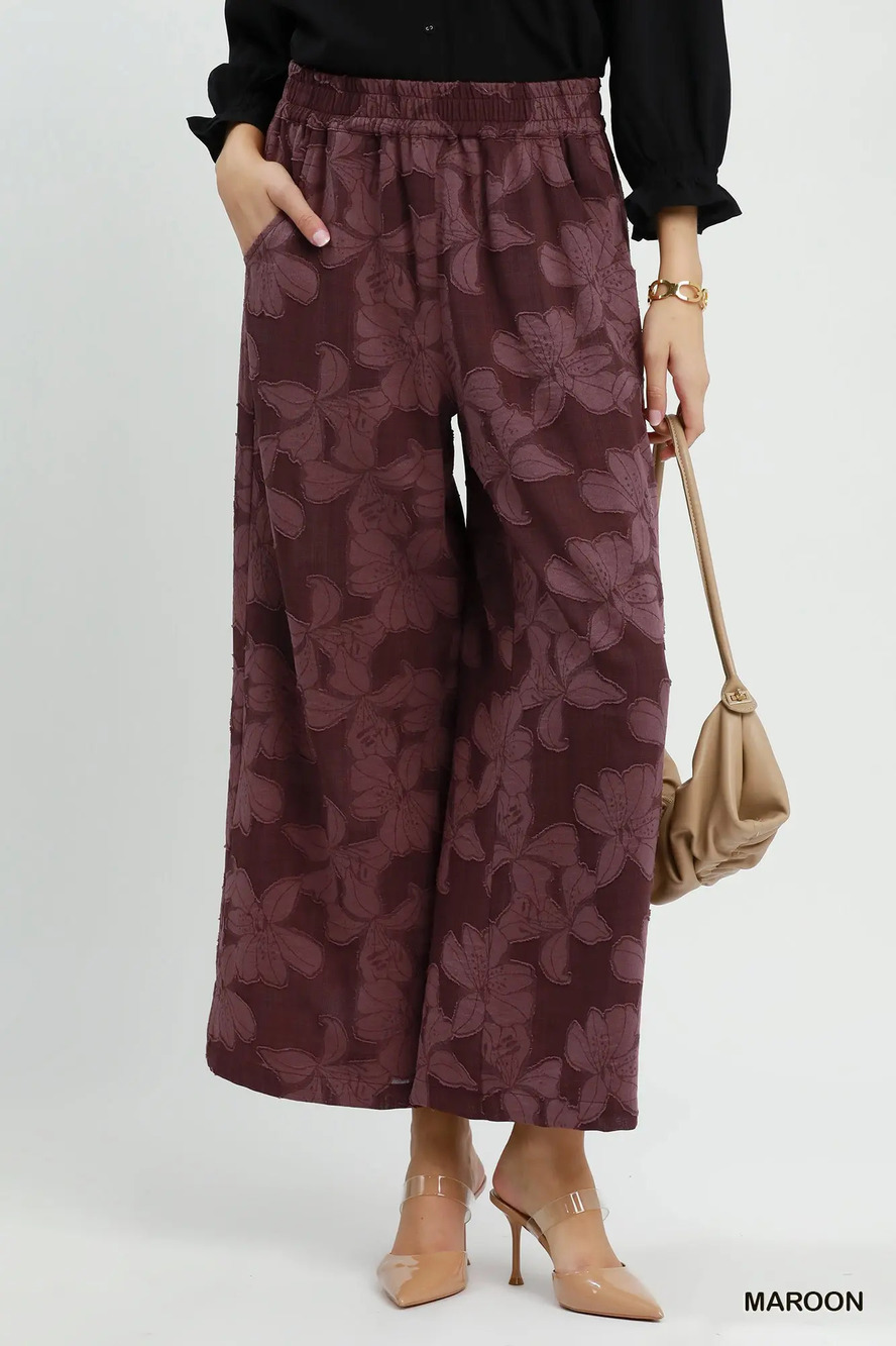 C6739 Maroon | Umgee Jacquard Wide Leg Pants | Sizes S-L